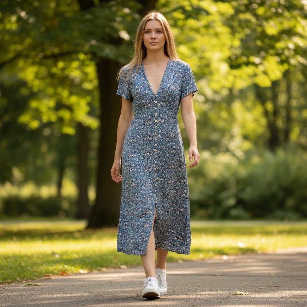EDDIE BAUER Midi Dress M Blue Floral Button Corset Cottage Romantic Boho Prairie